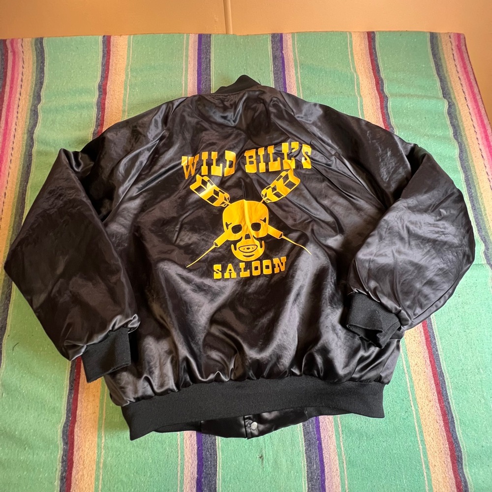 Vintage 1980s Satin Skull Bomber Jacket Nemesis Black Wild Bills Saloon